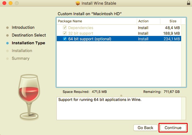 Attiva il supporto a 64 bit quando installa Wine su Mac