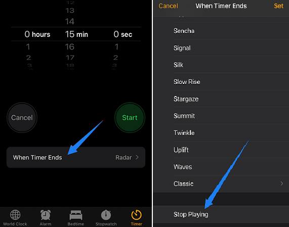 Usa l'icona dell'orologio per configurare Spotify Sleep Timer