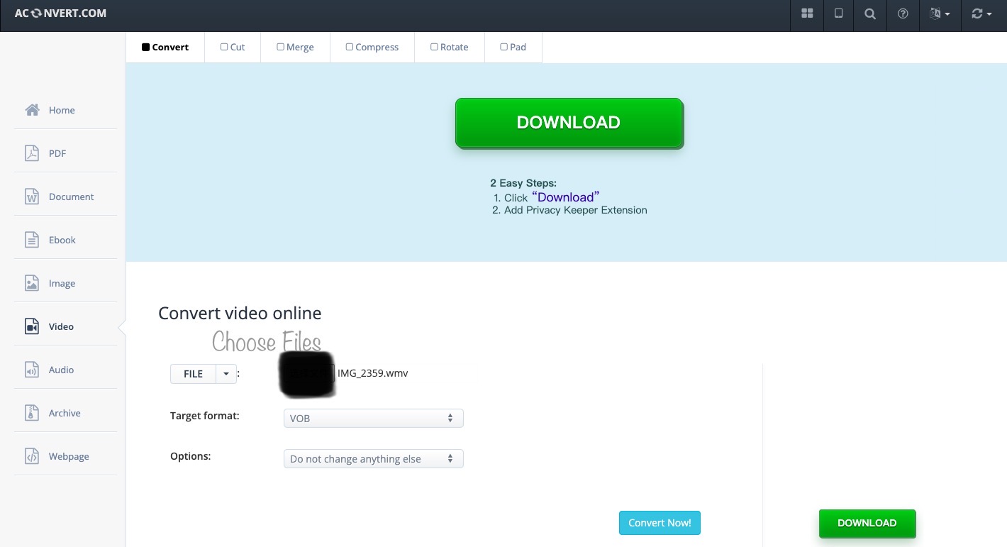 Converti un file WMV in formato VOB utilizzando Aconvert.com