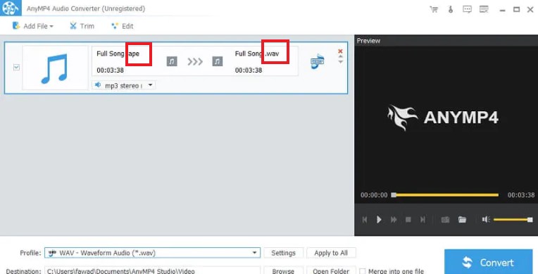 Converti APE in WAV su Anymp4