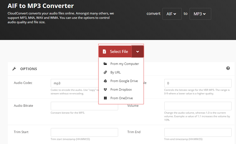 Converti AIF in MP3 con CloudConvert