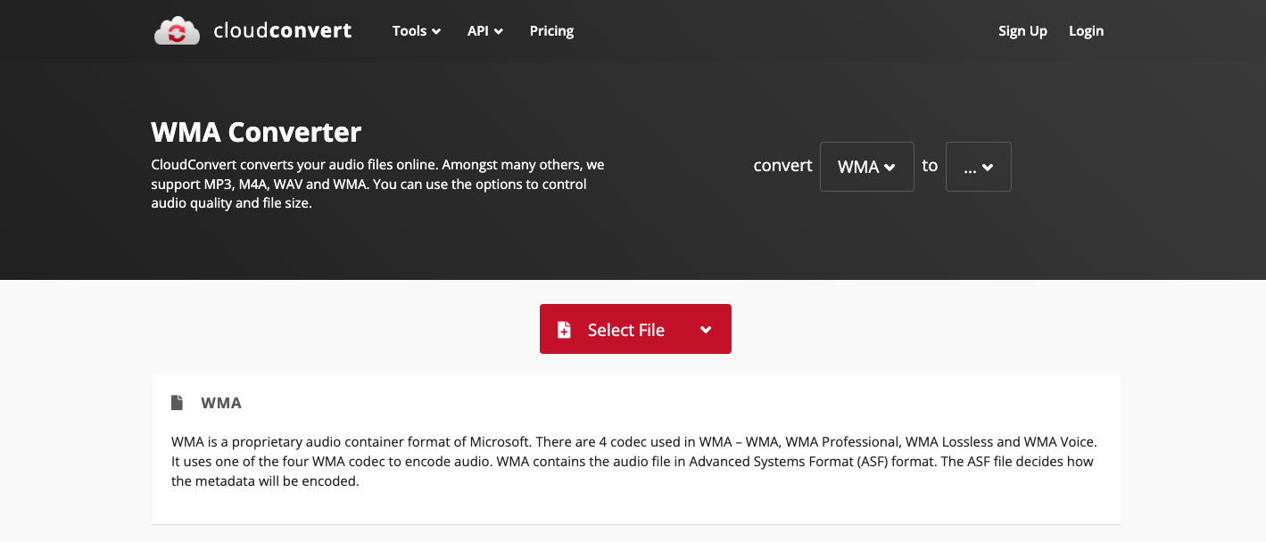 Usa Cloudconvert.com per convertire WMA in MPG