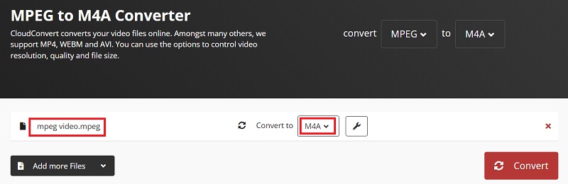 Usa CloudConvert per trasformare MPEG in M4A