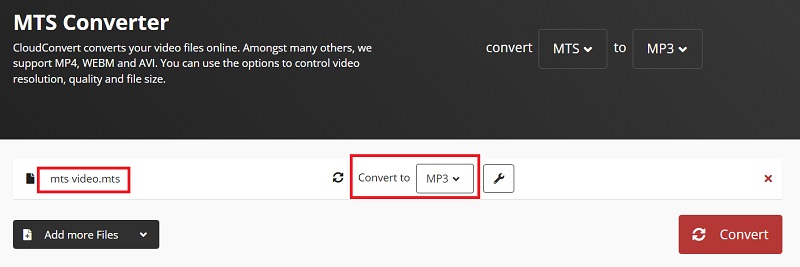 Usa CloudConvert per trasformare MTS in MP3