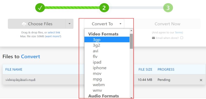 Converti MPEG in MOV tramite Zamzar