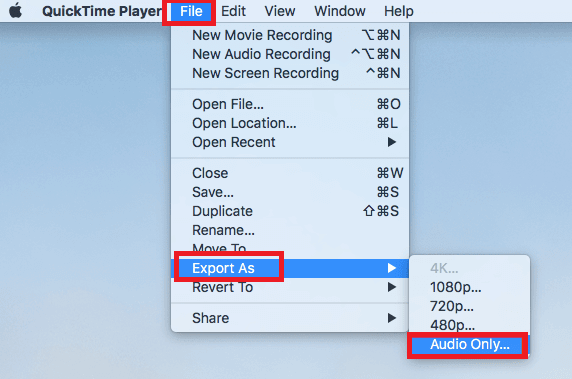 Converti MOV in MP3 con QuickTime