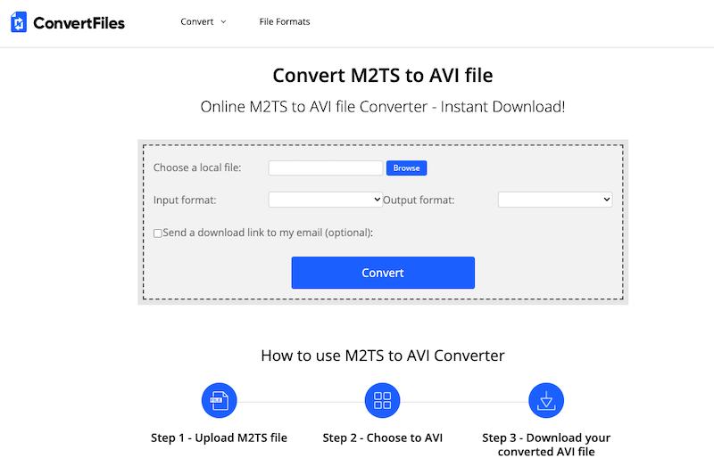 Visita ConvertFiles.com per convertire M2TS in AVI