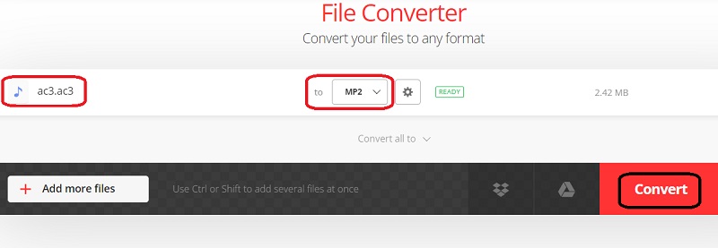 Usa Convertio per convertire AC3 in MP2
