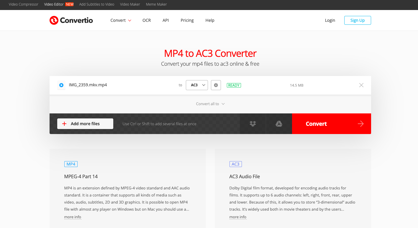 Usa Convertio.co per convertire MKV in AC3