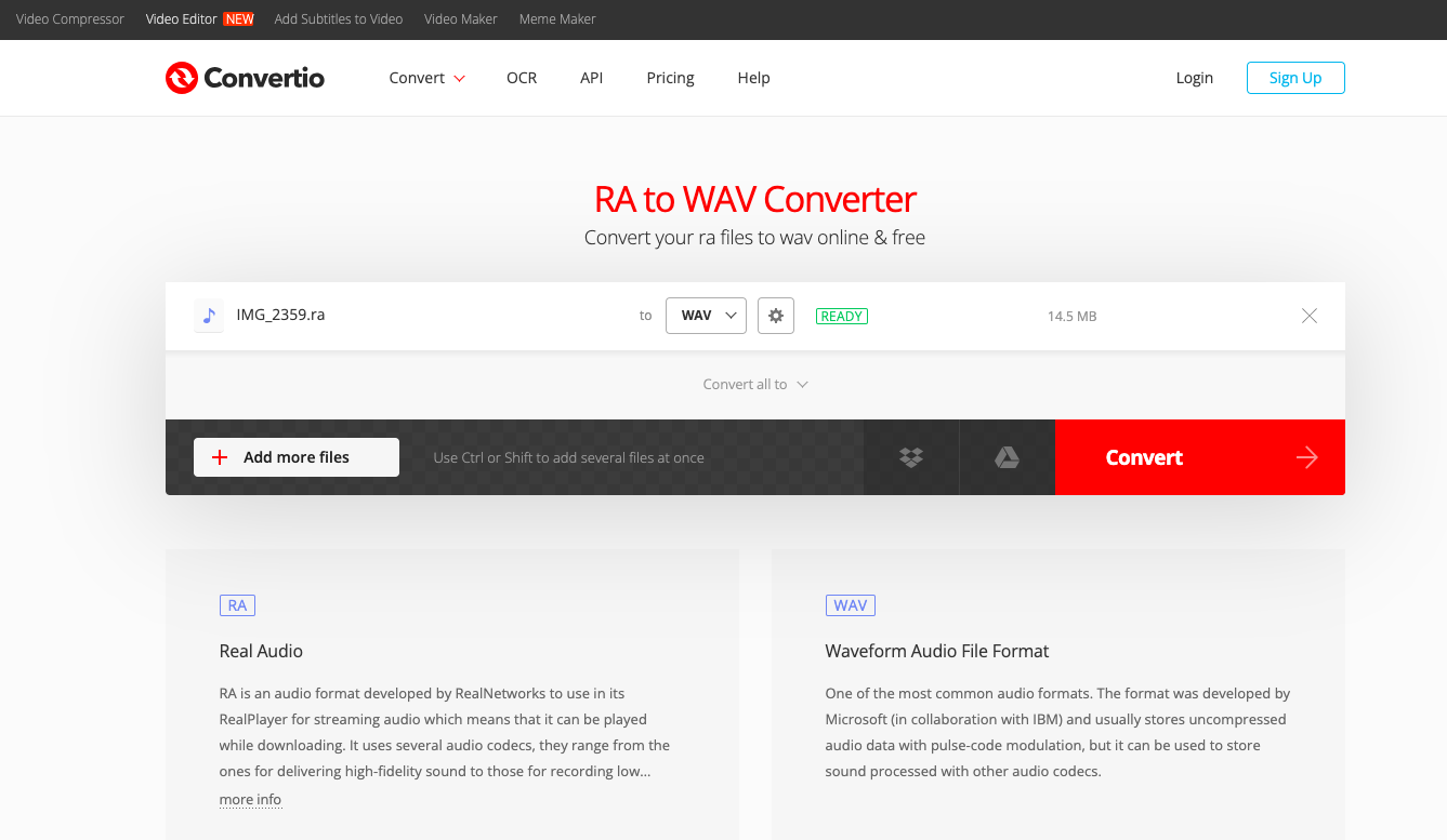 Trasformare RA in WAV con Convertio.co