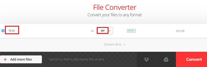 Usa Convertio per trasformare TS in formato GIF
