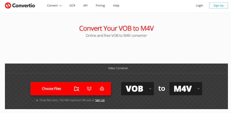 Visita Convertio.co per convertire i file VOB in M4V online gratuitamente