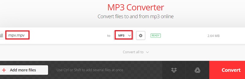 Usa Convertio per trasformare MPV in MP3