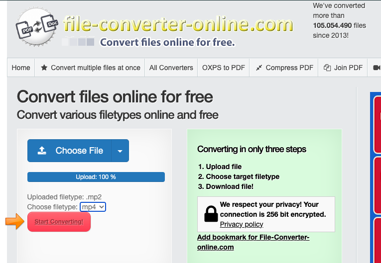 Converti MP2 in MP4 con File-Converter-Online.com