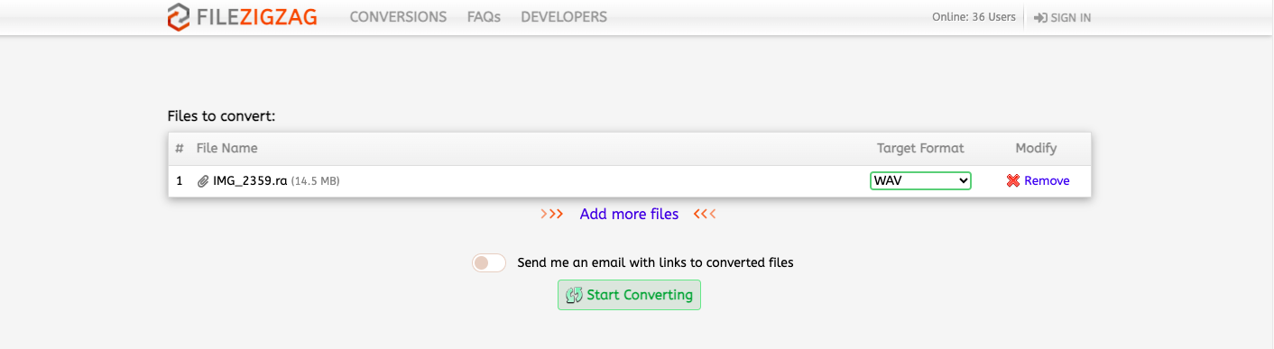 Converti RA in WAV con FileZigZag.com