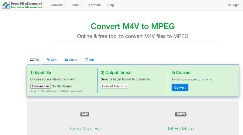 Converti M4V in MPEG online tramite FreeFileConvert.com