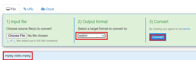 Trasforma MPEG in WebM con FreeFileConvert