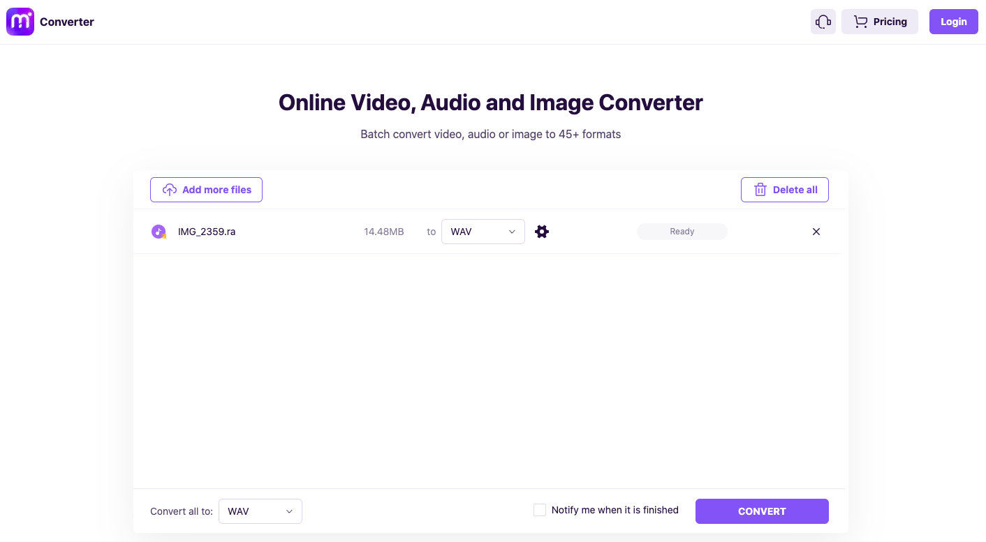 Usa Media.io per convertire RA in WAV