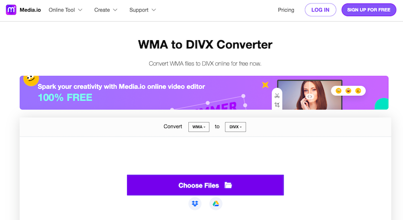 Media.io: convertitore online da WMA a DivX
