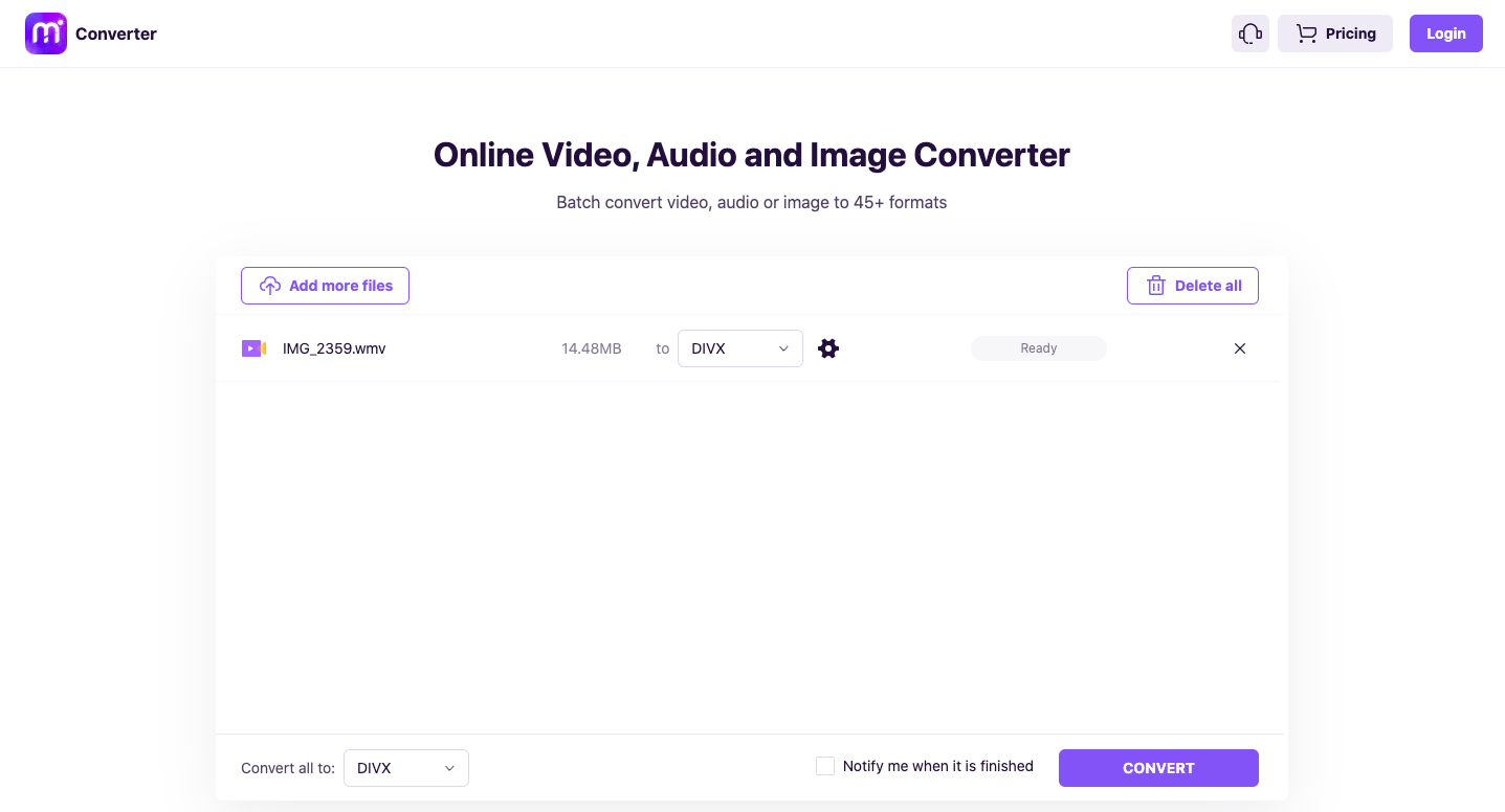 Usa Media.io per convertire WMV in DivX