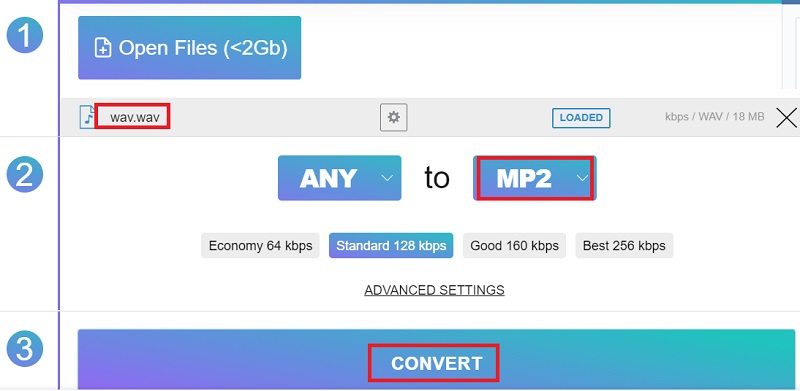 Converti immediatamente WAV in MP2
