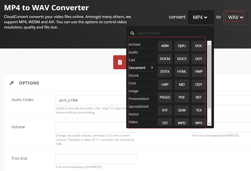 Converti video in WAV tramite CloudConvert