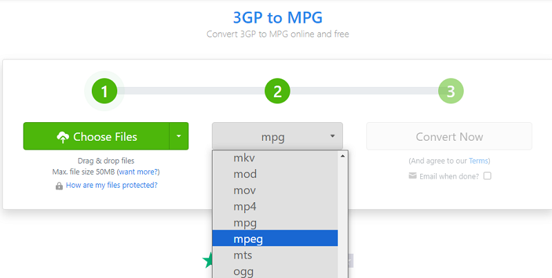 Converti 3GP in MPEG tramite Zamzar