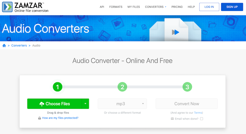 Converti audio in MP3 su Zamzar.com