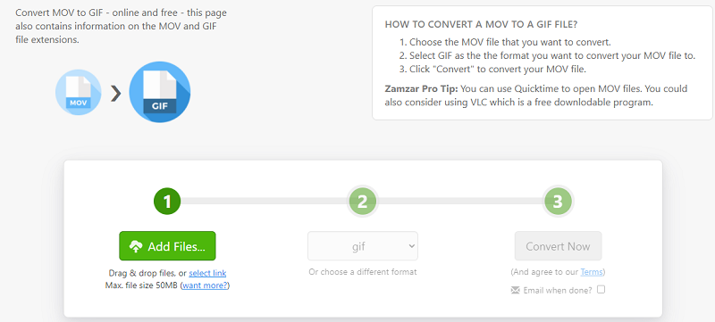 Converti MOV in GIF con Zamzar