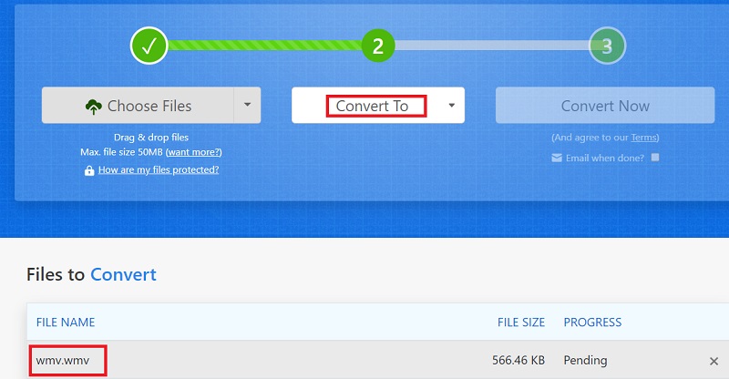 Usa Zamzar per convertire WMV in MPEG2