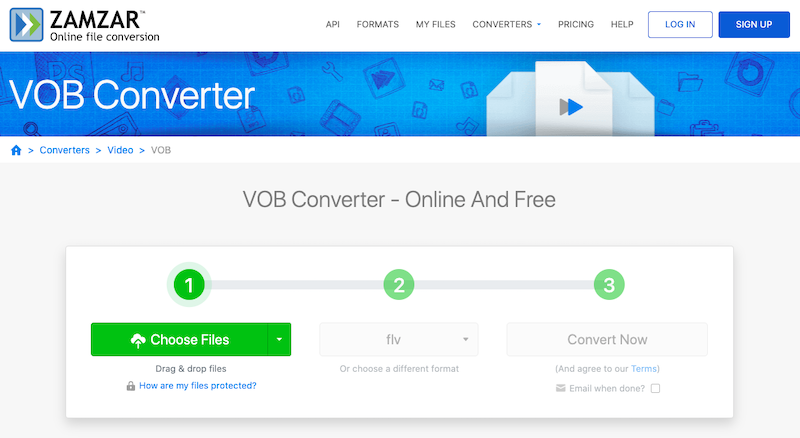 Converti VOB in FLV online gratuitamente su Zamzar.com