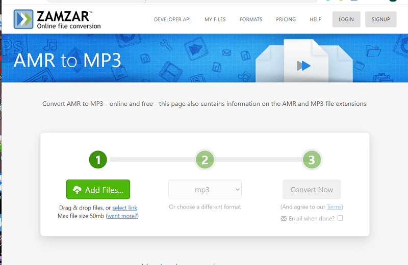 Converti AMR in MP3 usando Zamzar